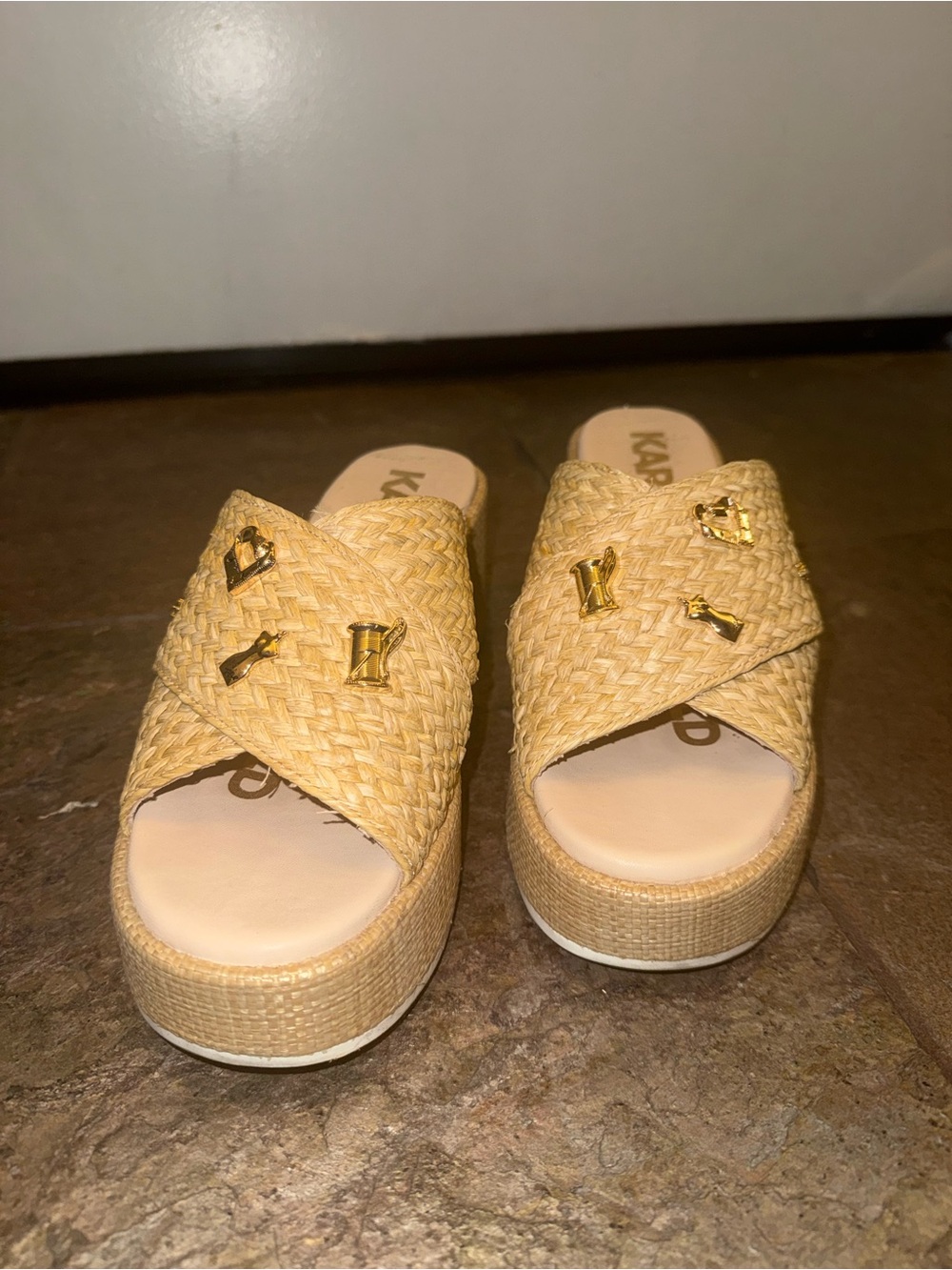 Karl Lagerfeld Natural Straw Crisscross Platform Slides with Gold Accents